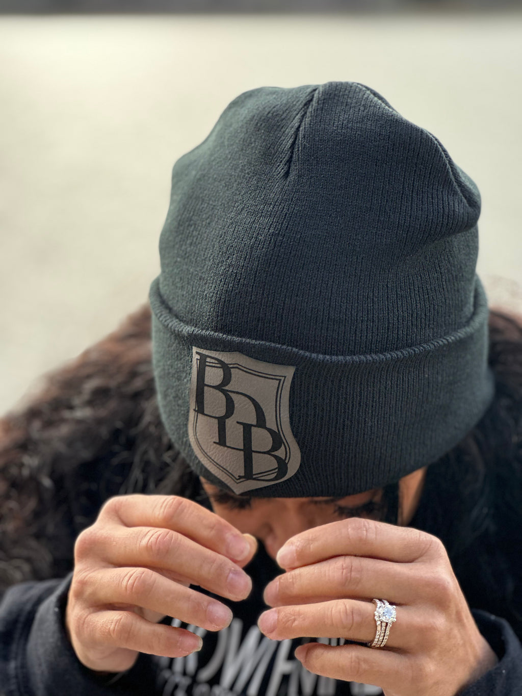 BDB leather patched beanie